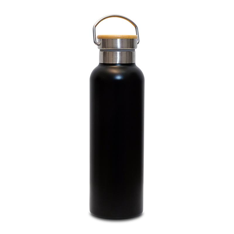 Black Double Walled Thermal Water Bottle With Bamboo Lid